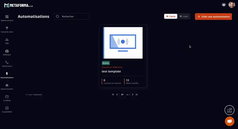 Interface tout-en-un de Metaforma pour formations, tunnels et automatisations