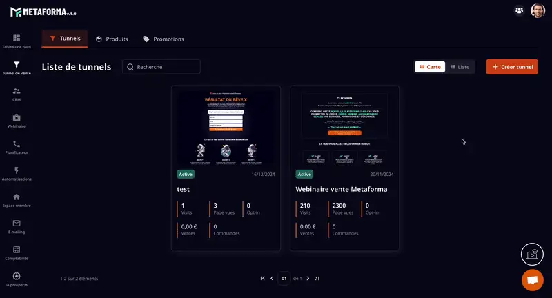 Exemple de tunnel de vente proposé par Metaforma - test en conditions réelles